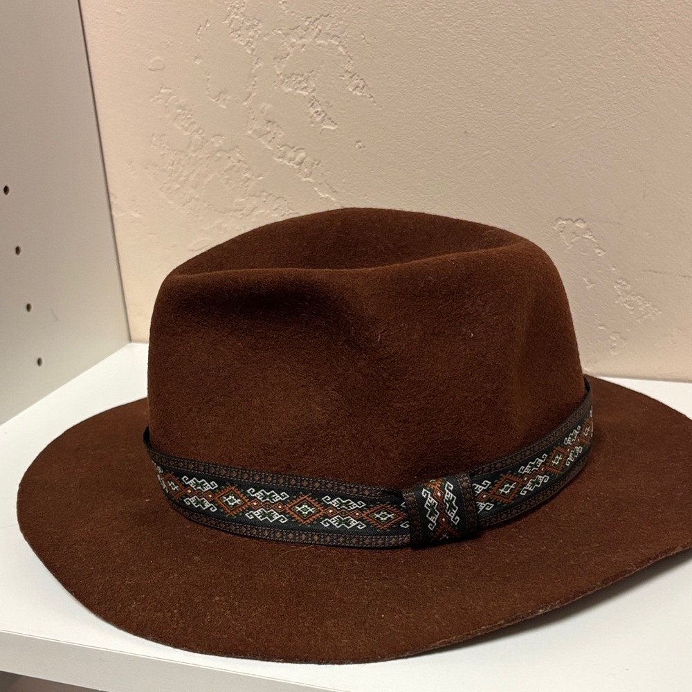 Brown Wool Fedora Hat with Patterned Band